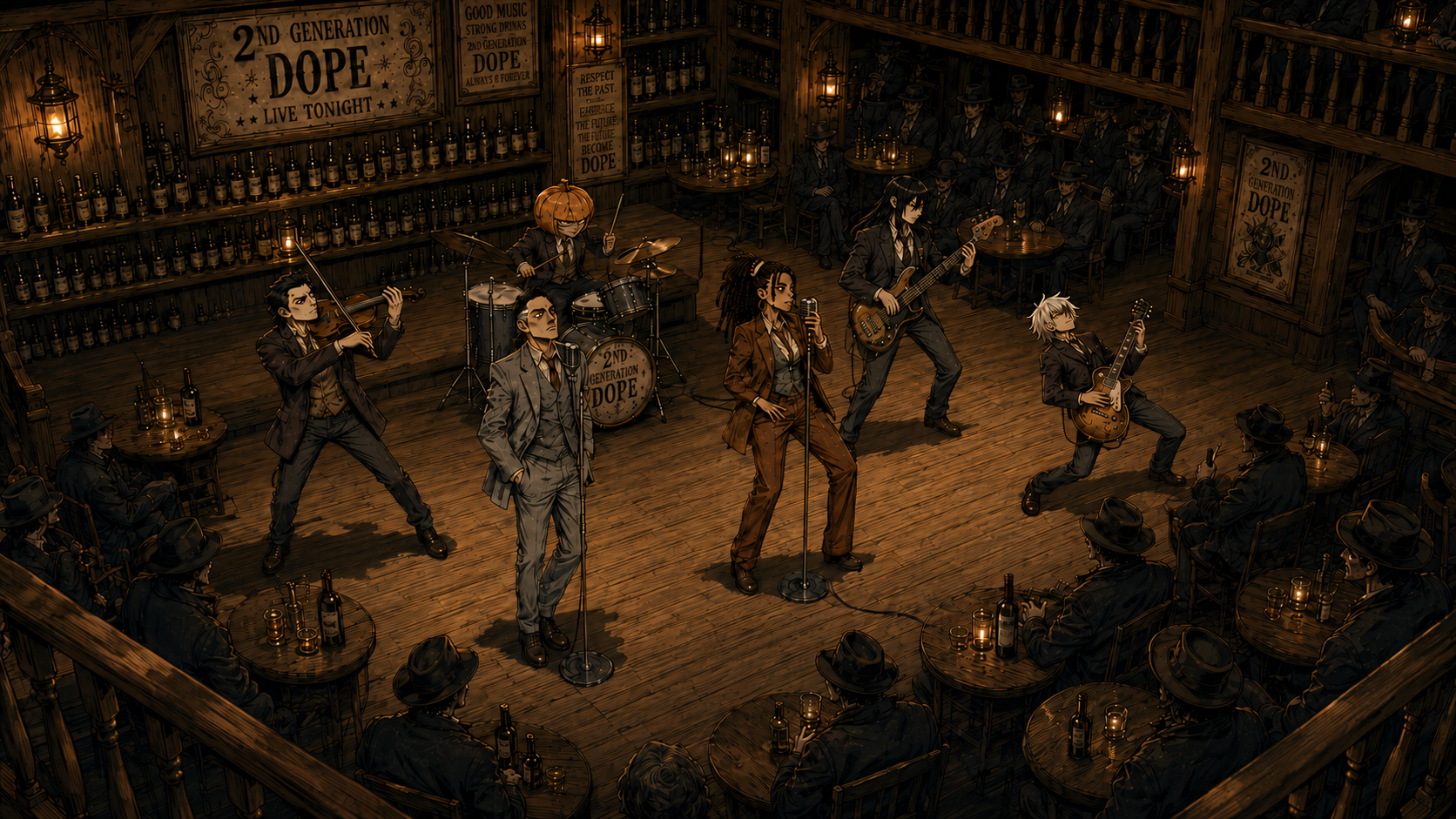 A wide overhead view of the band surrounded by the dive-bar audience